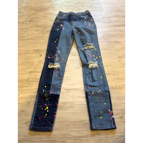 Rockstar‎ Original Distressed Paint Splatter Jeans Size 3 Patchwork Denim - Picture 7 of 10